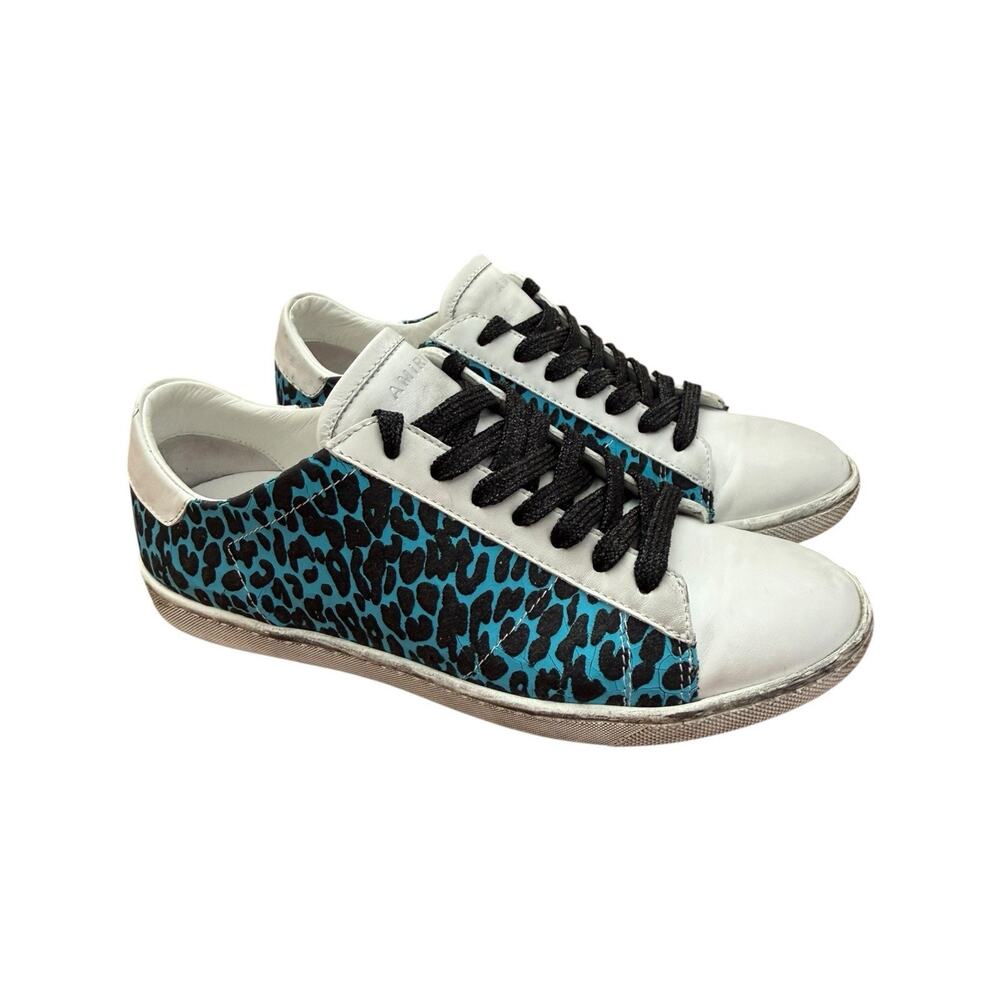 AMIRI Viper Neon Blue Leopard Print Distressed Leather Sneakers Women's Size 39